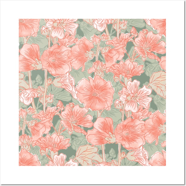 Blush and Sage Green Alcea Rosea Wall Art by Carolina Díaz